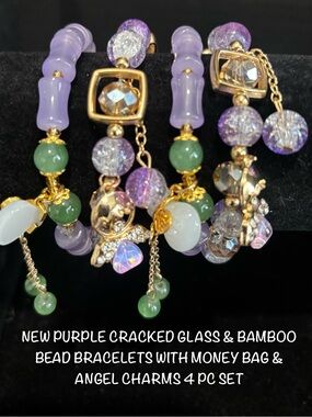 PURPLE CRACKED BEADS & BAMBOO SHAPES BRACELETS W/ANGEL & MONEY BAG CHARMS 4pc